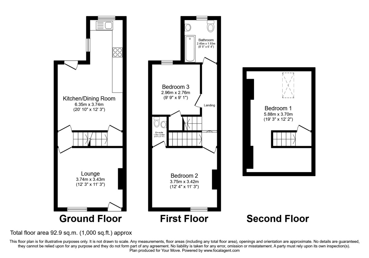 Floorplan of 3 bedroom End Terrace House to rent, Castlereagh Street, Barnsley, South Yorkshire, S70