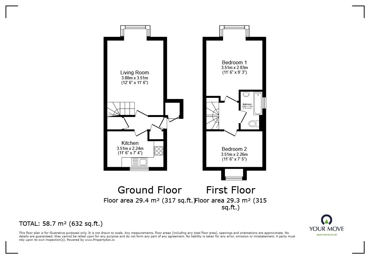 Floorplan of 2 bedroom End Terrace House for sale, Hurst Grove, Bedford, Bedfordshire, MK40