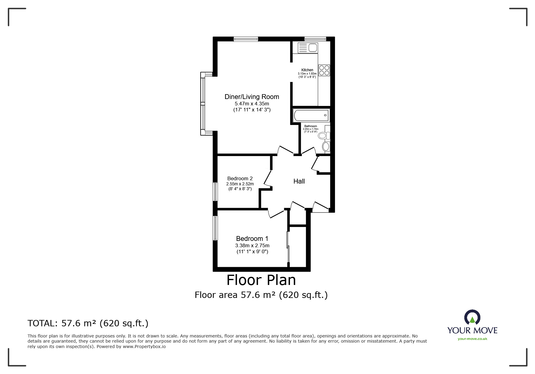 Floorplan of 2 bedroom  Flat for sale, Wardour Court, Bow Arrow Lane, Kent, DA2