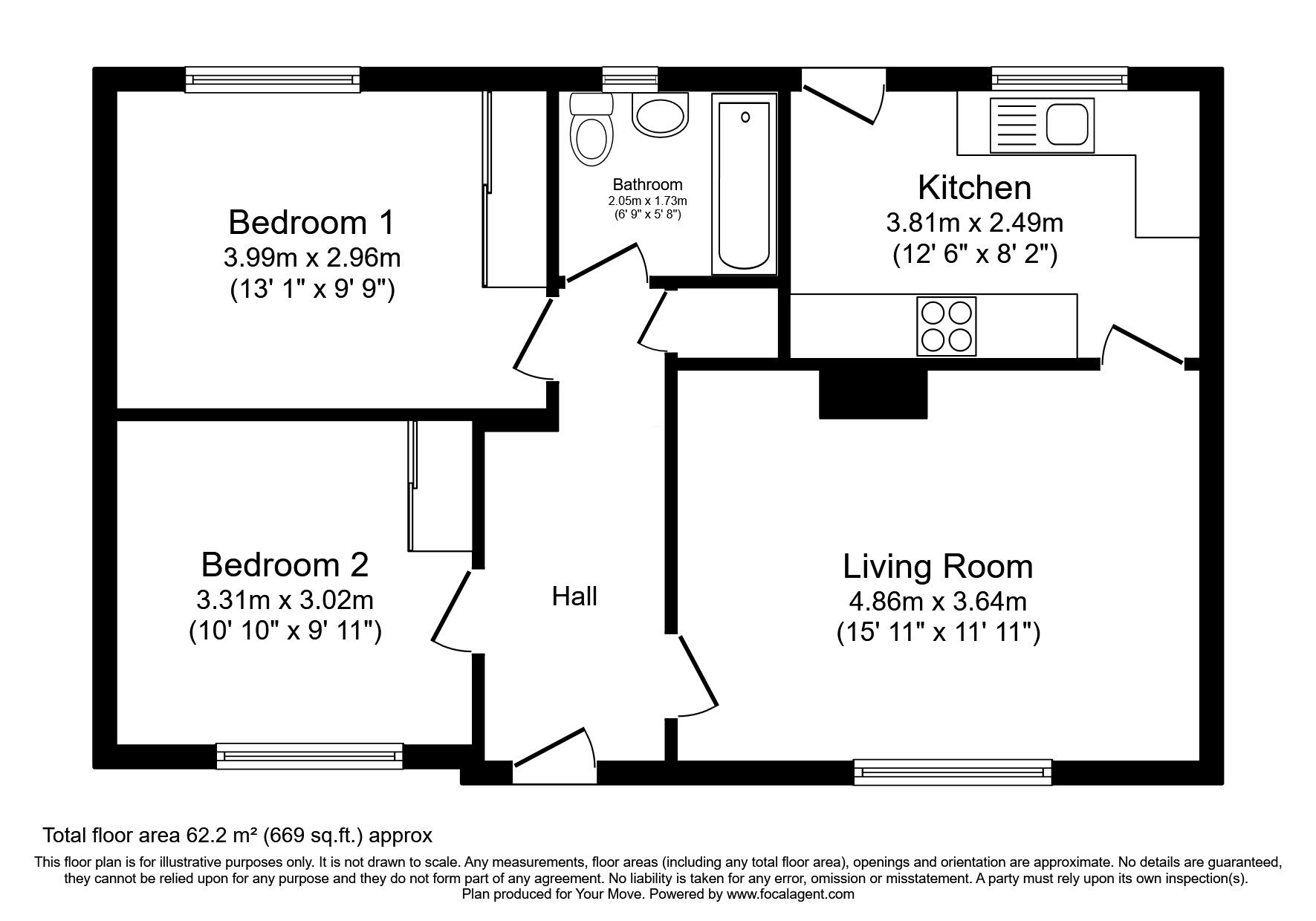 Floorplan of 2 bedroom Semi Detached Bungalow for sale, Hillside Cottages, Cousland, Midlothian, EH22