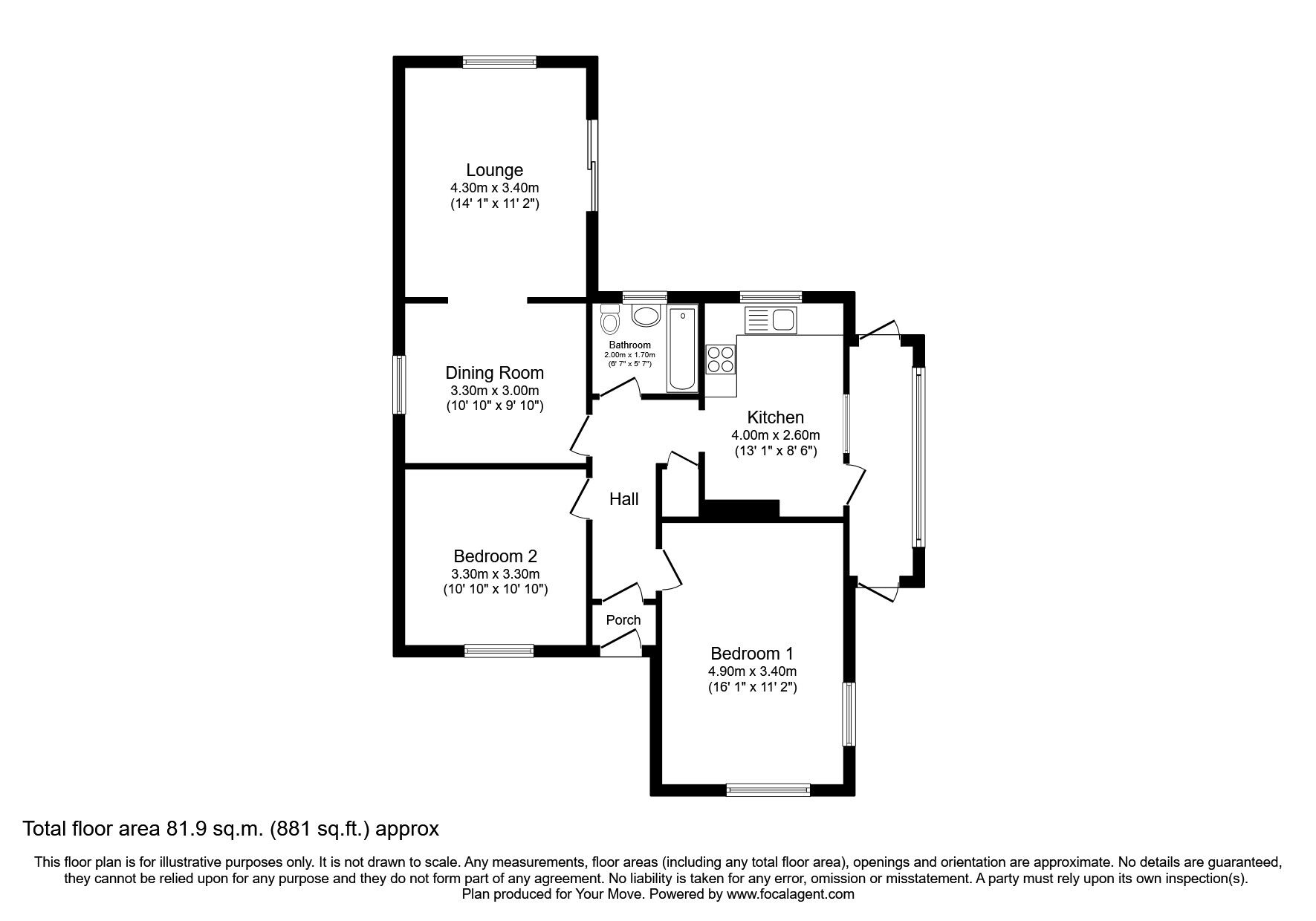 Floorplan of 2 bedroom Detached Bungalow for sale, The Rise, Kingsdown, Kent, CT14