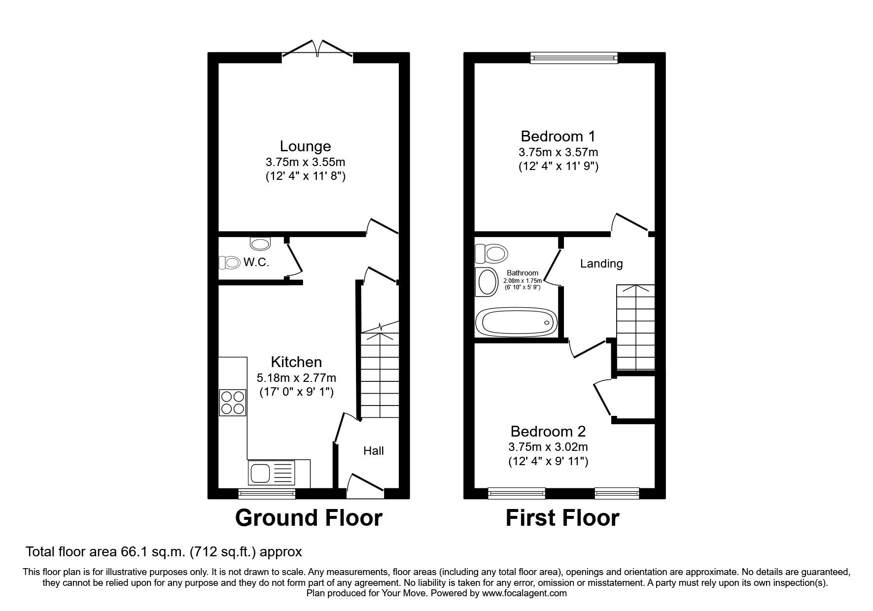 Floorplan of 2 bedroom Mid Terrace House to rent, Thorpe Gardens, Doncaster, DN4