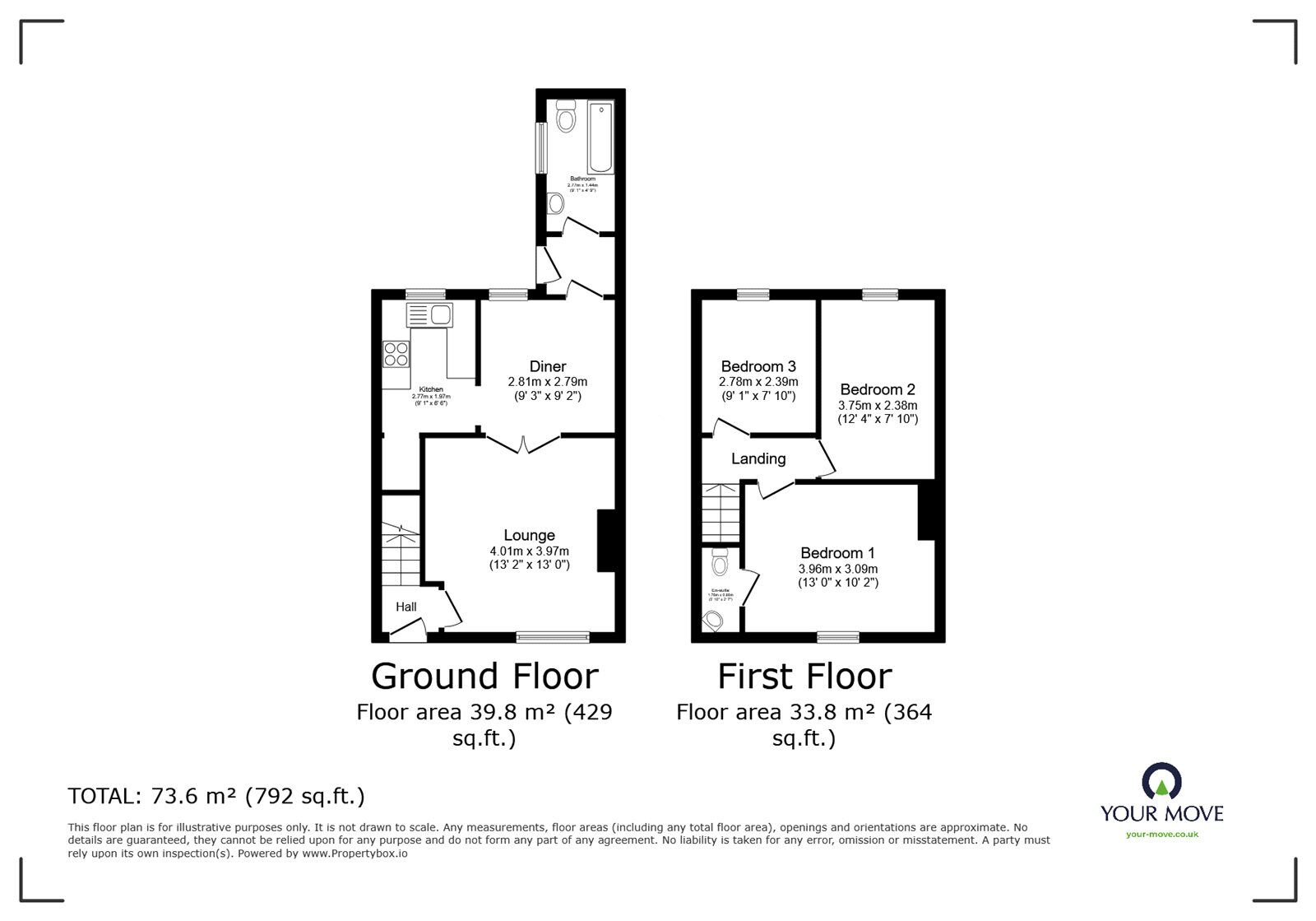 Floorplan of 3 bedroom Mid Terrace House for sale, Oakland Terrace, Edlington, South Yorkshire, DN12