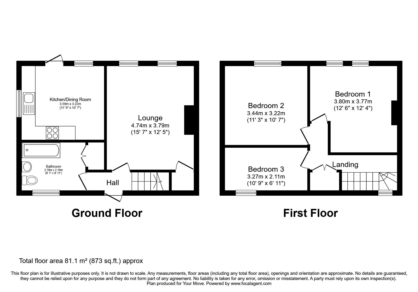 Floorplan of 3 bedroom End Terrace House for sale, Collins Avenue, Sutton-in-Ashfield, Nottinghamshire, NG17