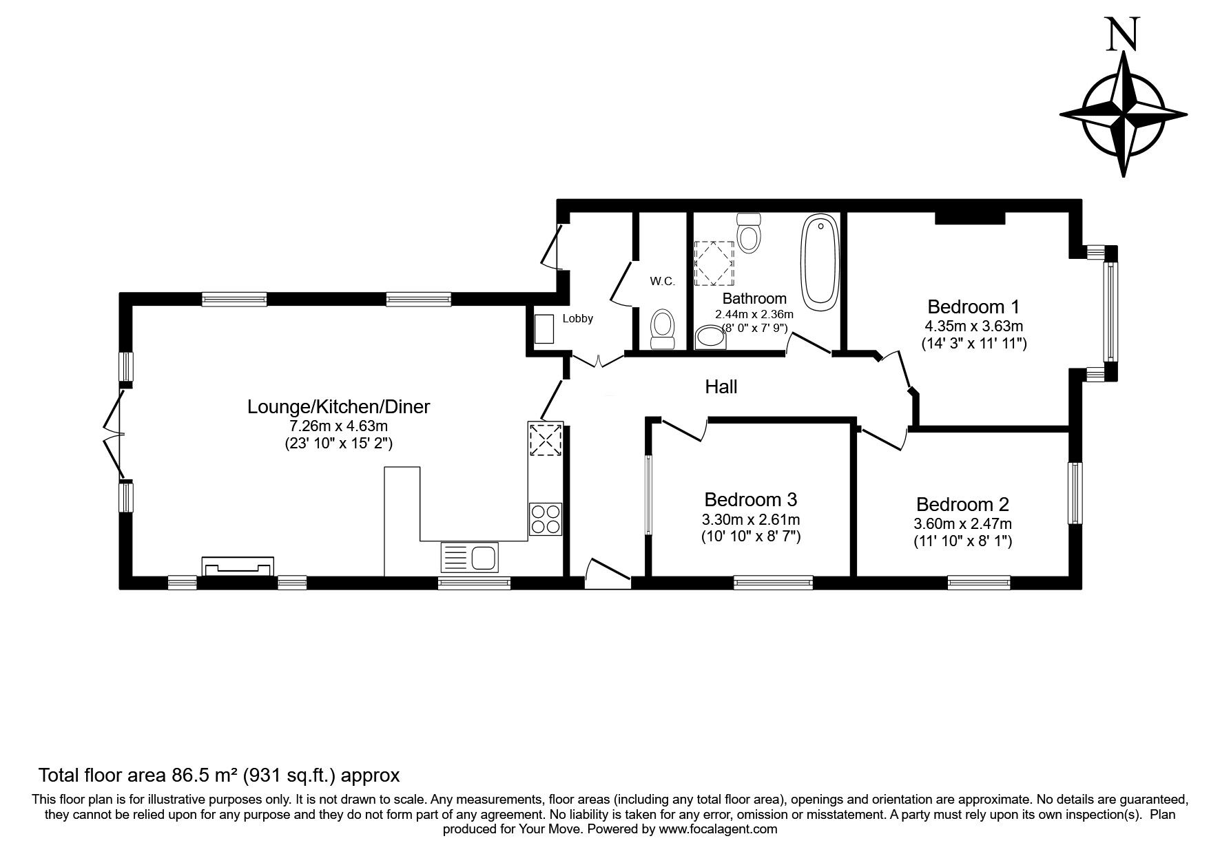 Floorplan of 3 bedroom Semi Detached Bungalow for sale, Castle Hill, Kent, DA3