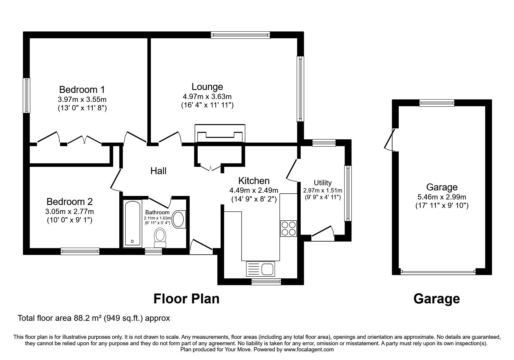 Floorplan of 2 bedroom Detached Bungalow for sale, Llanrhaeadr Ym Mochnant, Oswestry, Powys, SY10