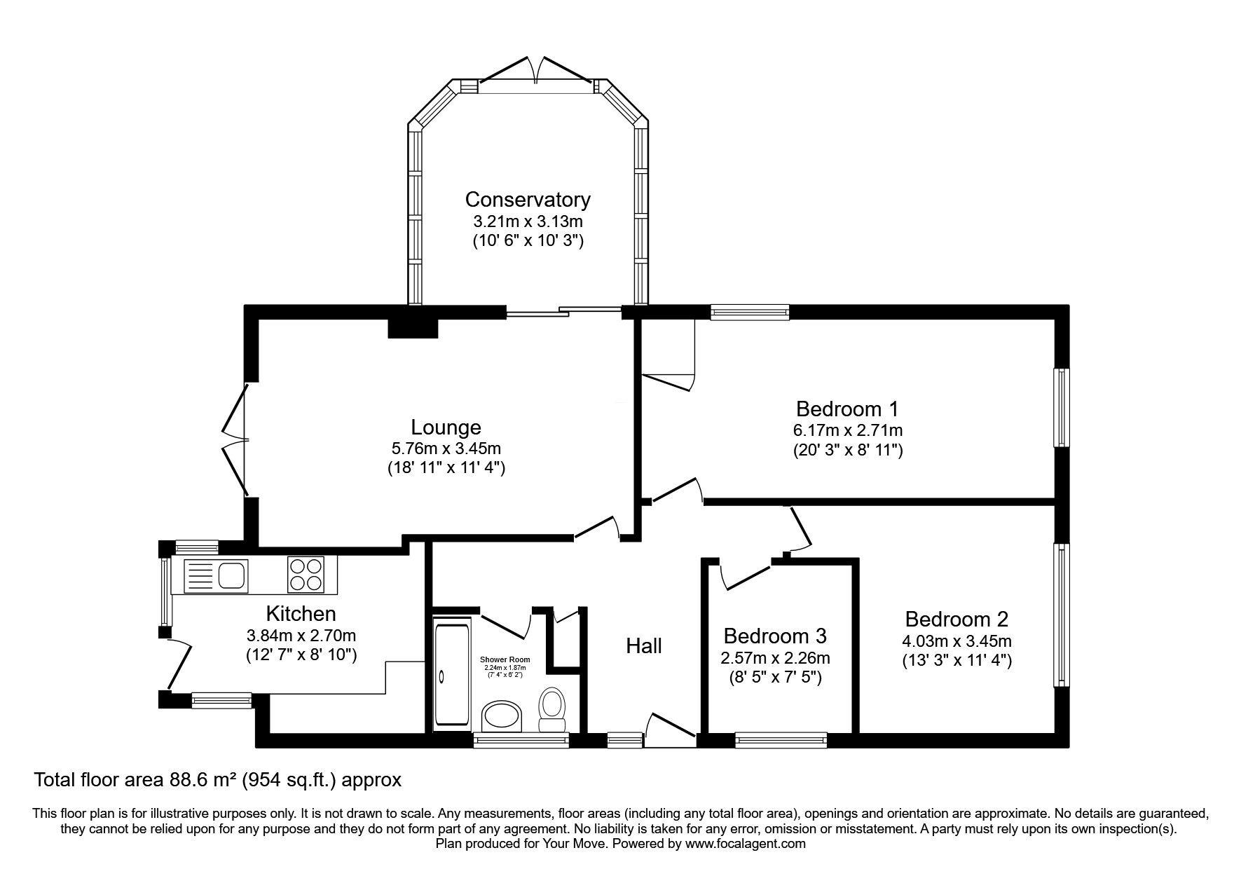 Floorplan of 3 bedroom Detached Bungalow for sale, Yew Tree Avenue, Whittington, Shropshire, SY11