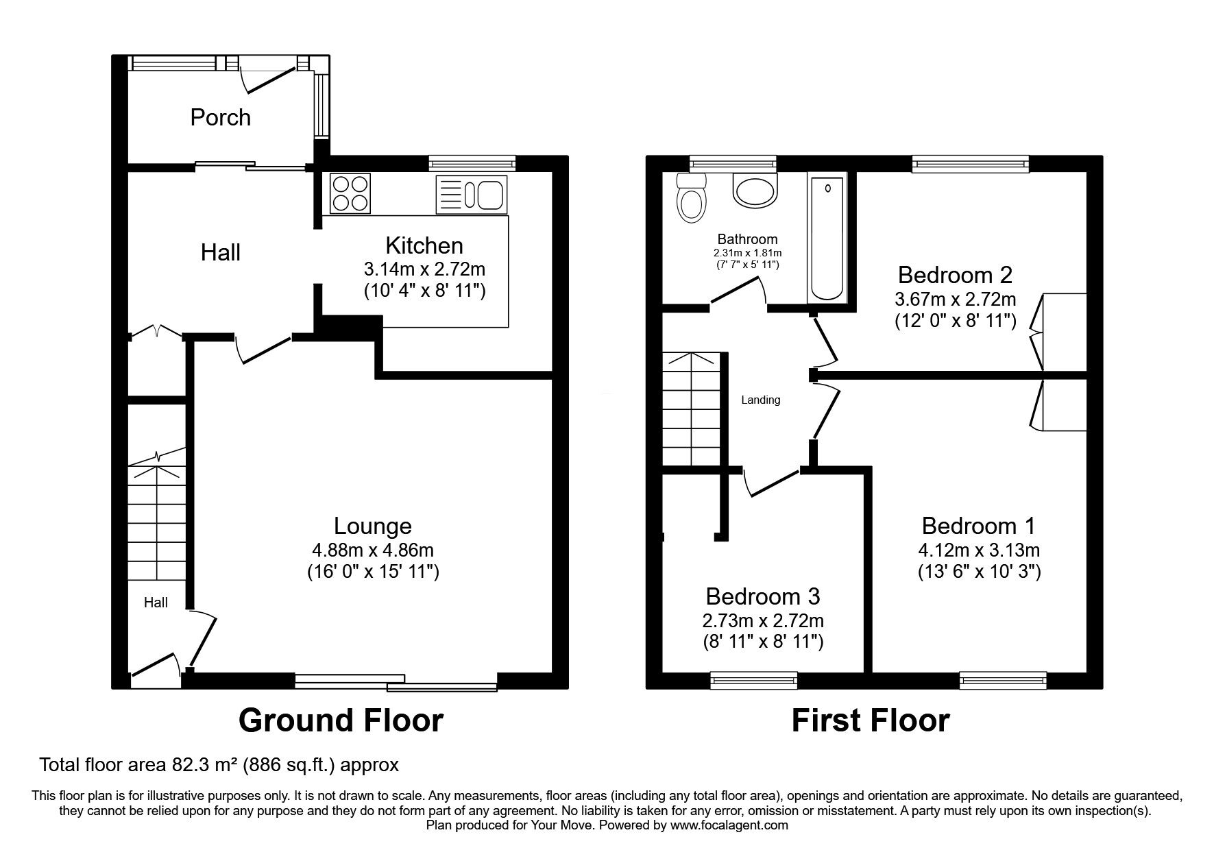 Floorplan of 3 bedroom Mid Terrace House for sale, Maybury Close, Codsall, Staffordshire, WV8