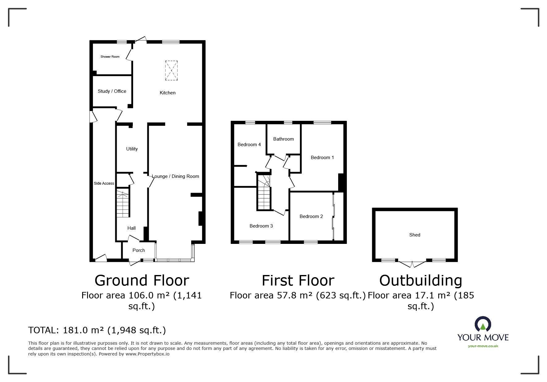 Floorplan of 4 bedroom Mid Terrace House for sale, Oak Road, Catshill, Worcestershire, B61