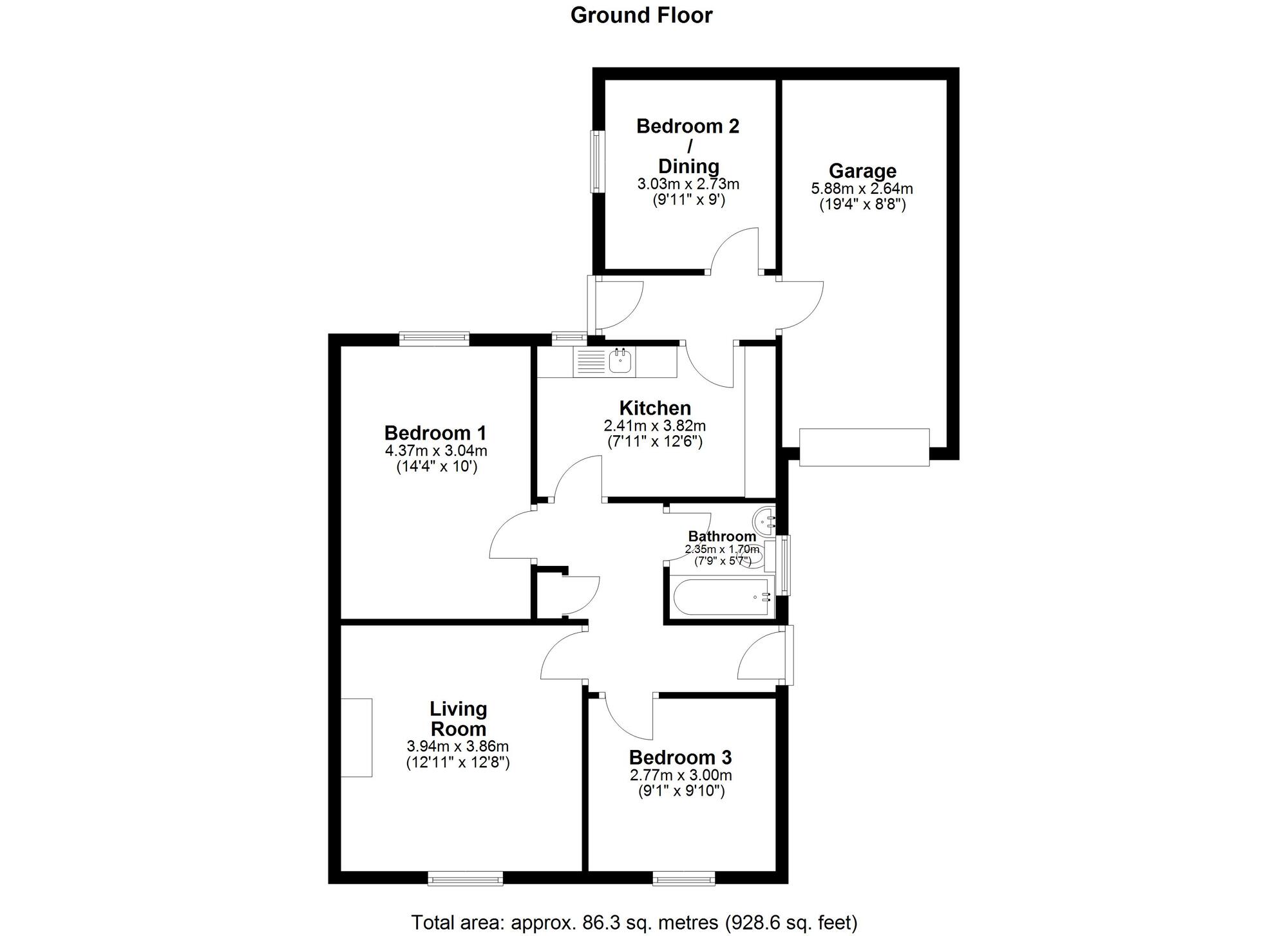 Floorplan of 3 bedroom Semi Detached Bungalow for sale, Elmway, Chester Le Street, Durham, DH2