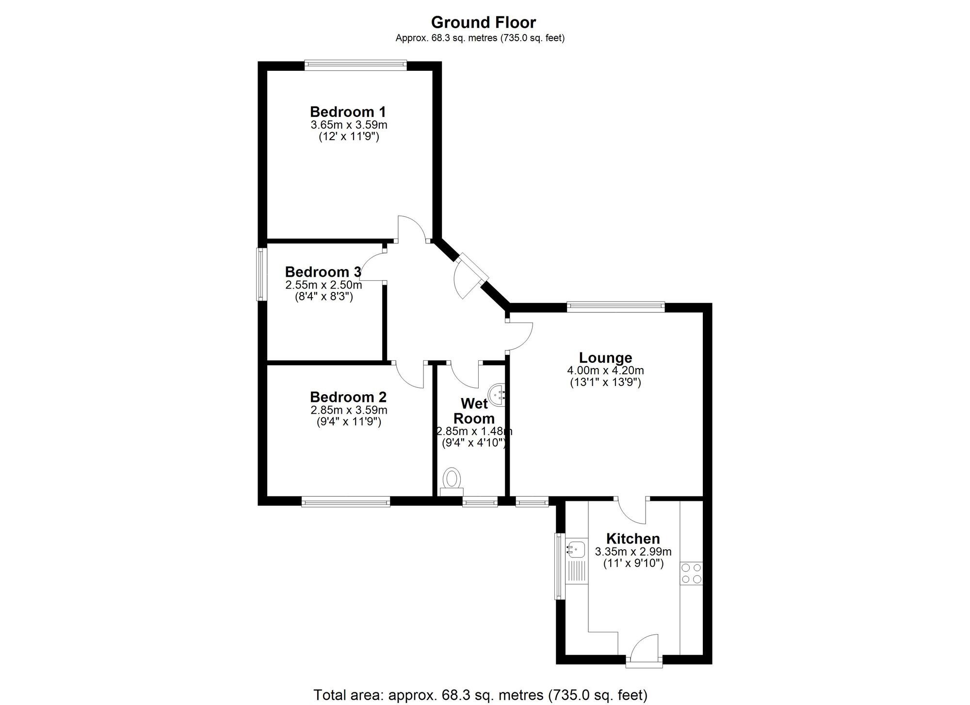 Floorplan of 3 bedroom Semi Detached Bungalow for sale, Don Crescent, Great Lumley, Durham, DH3