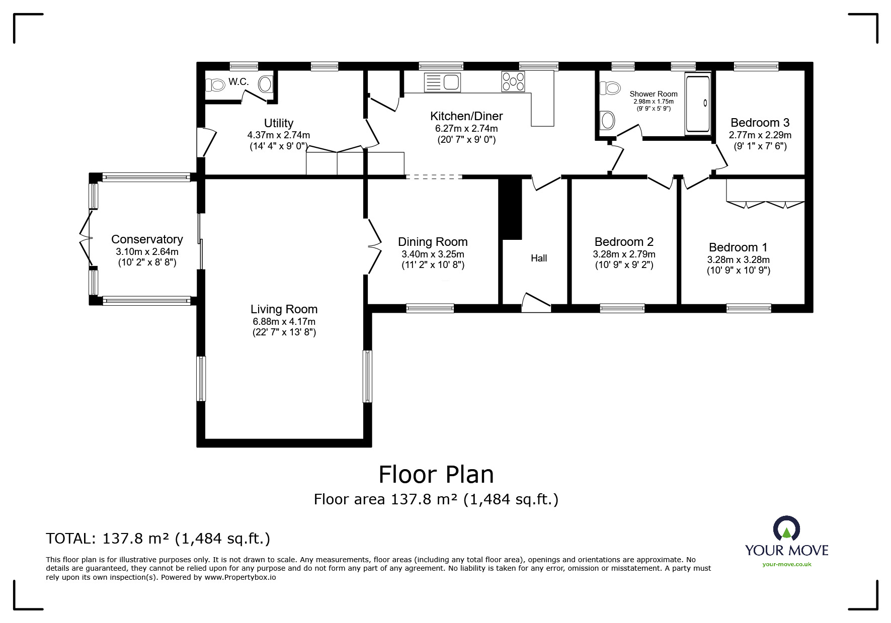 Floorplan of 3 bedroom Detached Bungalow for sale, Dunsford, Exeter, Devon, EX6