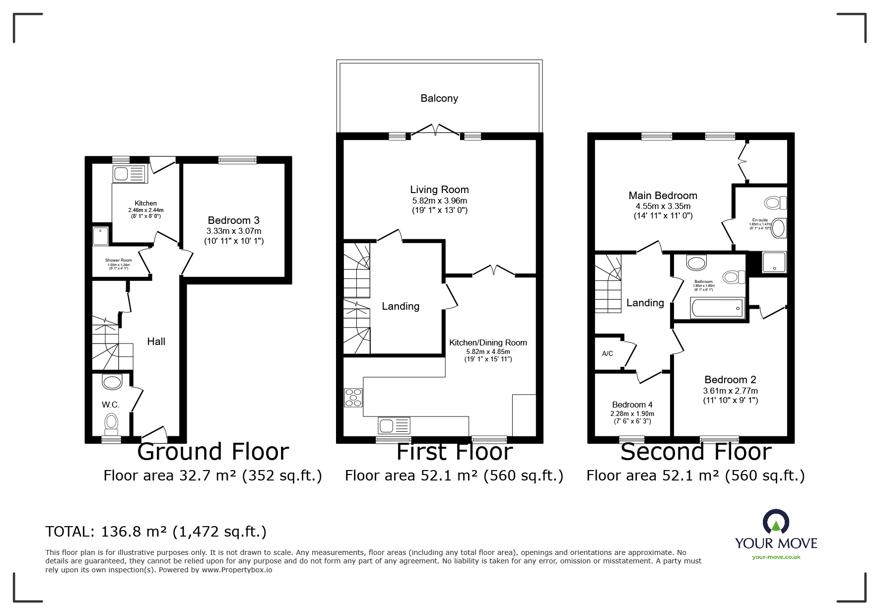 Floorplan of 4 bedroom Mid Terrace House to rent, Horseguards, Exeter, Devon, EX4