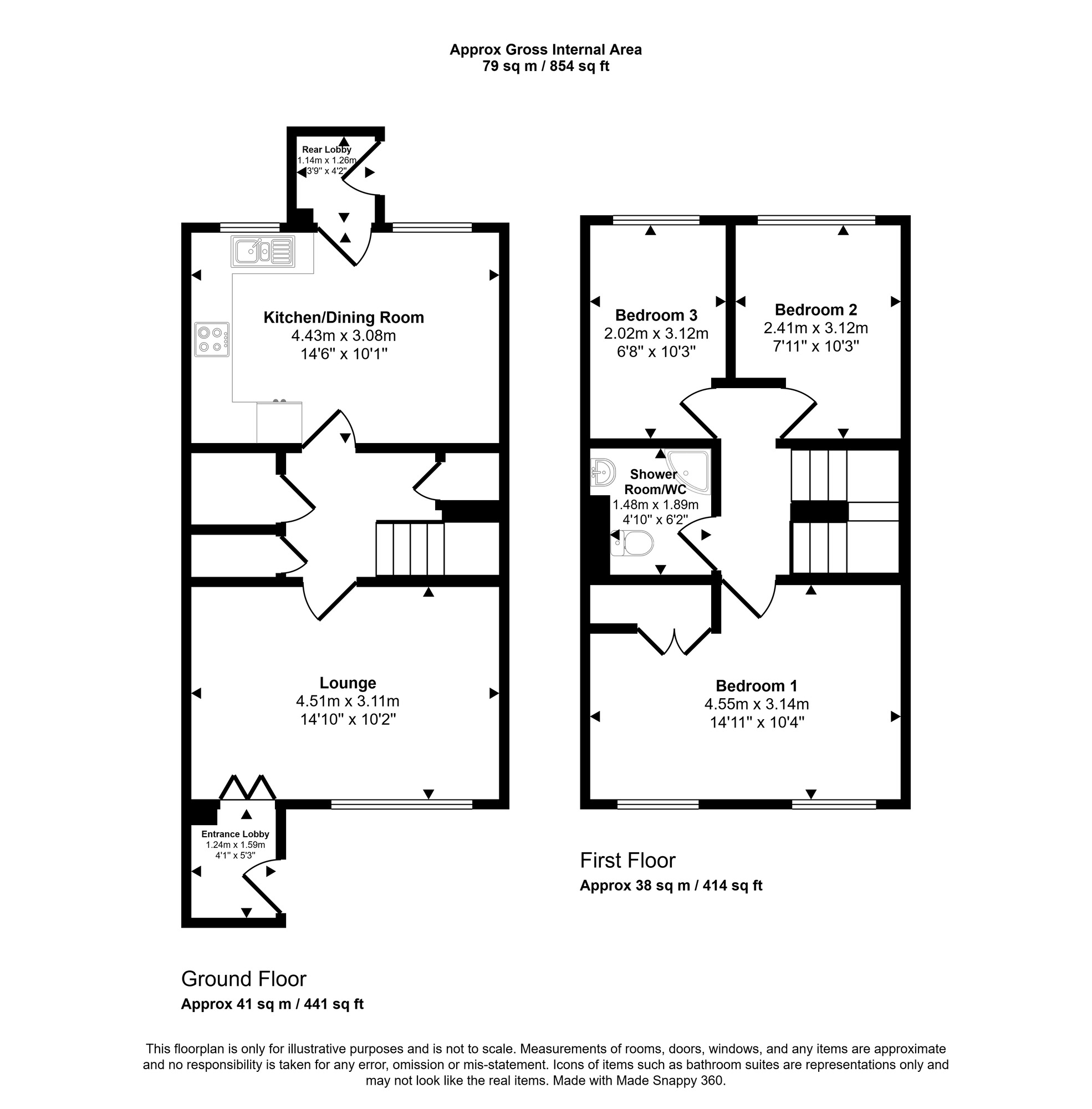 Floorplan of 3 bedroom Mid Terrace House for sale, Cranesville, Beacon Lough Estate, Gateshead, NE9