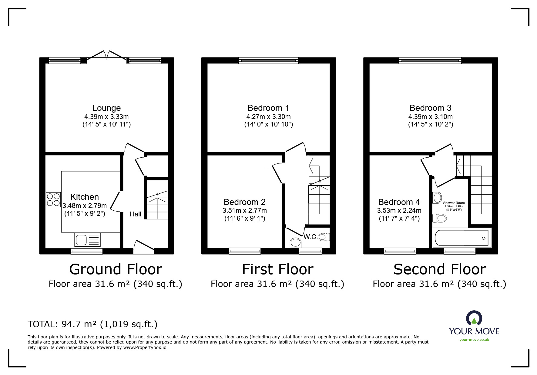 Floorplan of 3 bedroom Mid Terrace House to rent, Woodbury Close, Tunbridge Wells, Kent, TN4