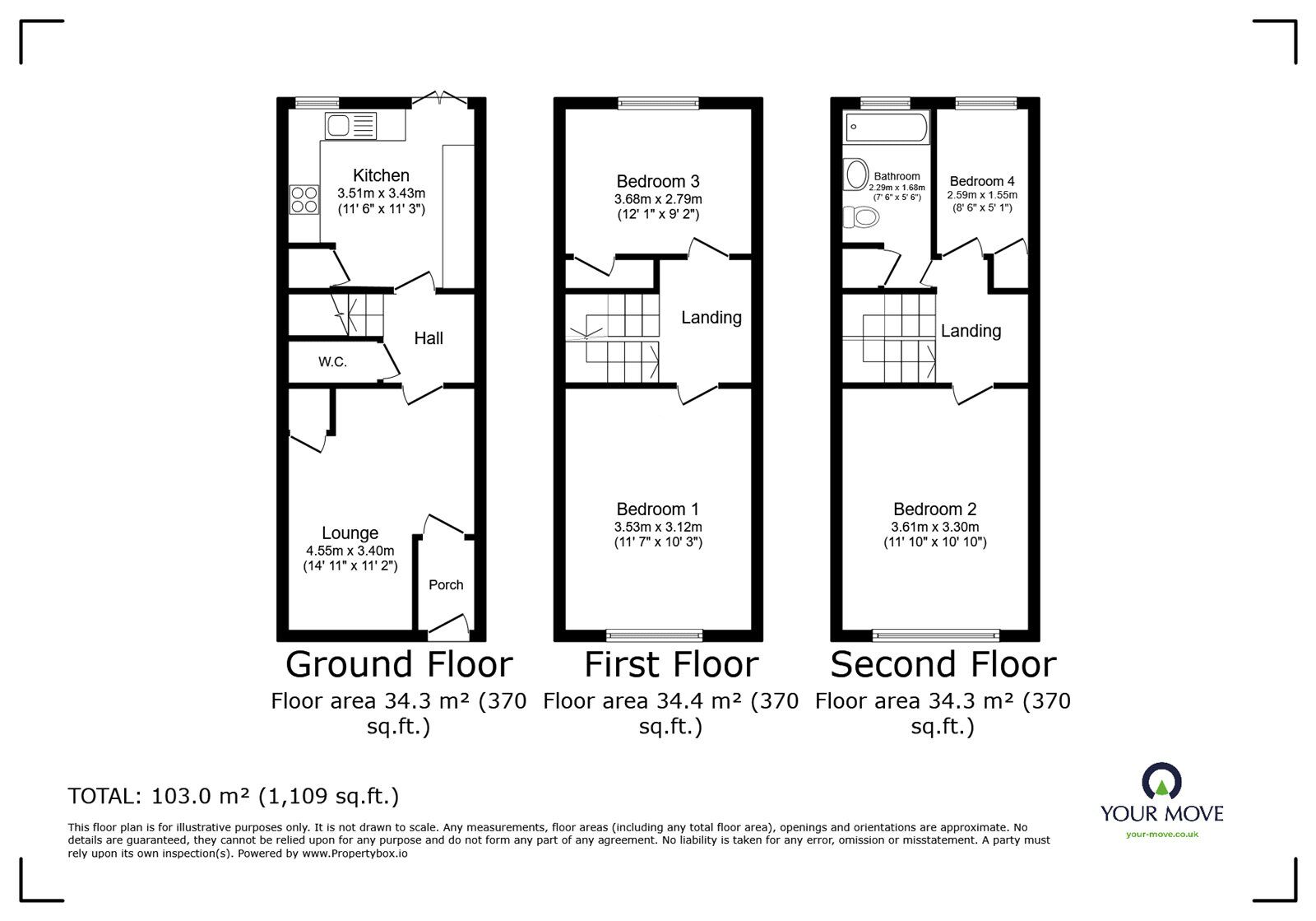 Floorplan of 4 bedroom Mid Terrace House for sale, Harptree Drive, Walderslade, Kent, ME5